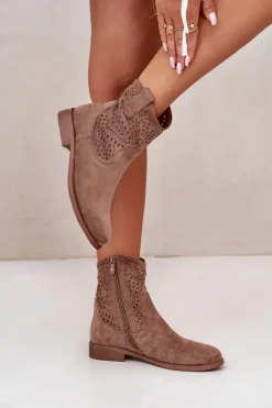 Damskie Ażurowe Botki Na Płaskim Obcasie Brązowe S.Barski HY42-135