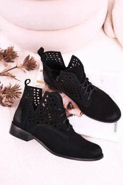 Damskie Ażurowe Botki Zamszowe Czarne Susannah