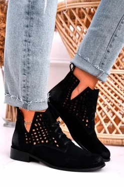 Damskie Ażurowe Botki Zamszowe Czarne Susannah