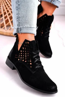 Damskie Ażurowe Botki Zamszowe Czarne Susannah