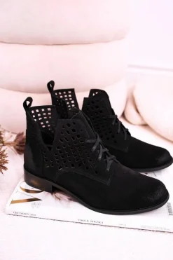 Damskie Ażurowe Botki Zamszowe Czarne Susannah