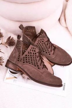 Damskie Ażurowe Botki Zamszowe Brązowe Susannah