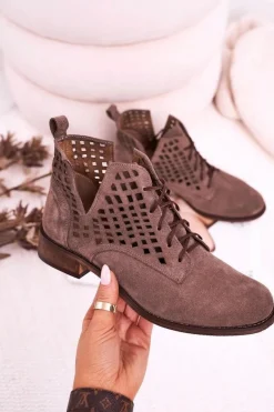Damskie Ażurowe Botki Zamszowe Brązowe Susannah