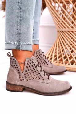 Damskie Ażurowe Botki Zamszowe Cappuccino Susannah