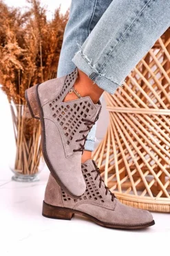 Damskie Ażurowe Botki Zamszowe Cappuccino Susannah