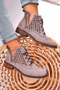 Damskie Ażurowe Botki Zamszowe Cappuccino Susannah