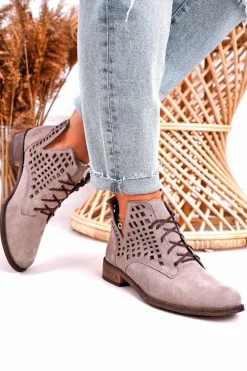 Damskie Ażurowe Botki Zamszowe Cappuccino Susannah