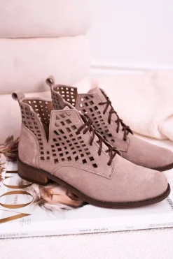 Damskie Ażurowe Botki Zamszowe Cappuccino Susannah