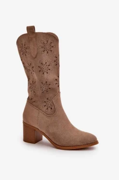 Damskie Ażurowe Kozaki Do Połowy Łydki Z Eko Zamszu Beżowe Nevilos