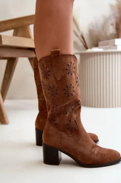 Damskie Ażurowe Kozaki Do Połowy Łydki Z Eko Zamszu Brązowe Nevilos