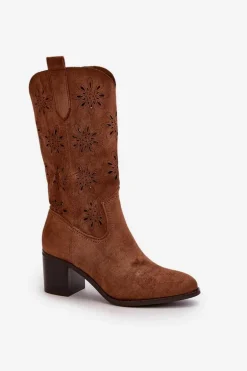 Damskie Ażurowe Kozaki Do Połowy Łydki Z Eko Zamszu Brązowe Nevilos