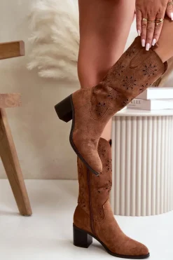 Damskie Ażurowe Kozaki Do Połowy Łydki Z Eko Zamszu Brązowe Nevilos