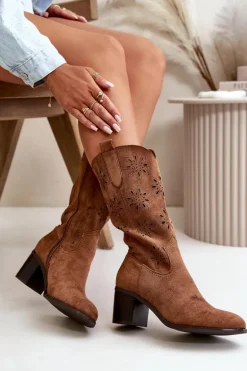 Damskie Ażurowe Kozaki Do Połowy Łydki Z Eko Zamszu Brązowe Nevilos