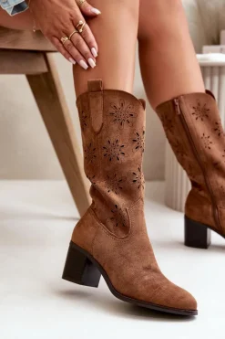 Damskie Ażurowe Kozaki Do Połowy Łydki Z Eko Zamszu Brązowe Nevilos