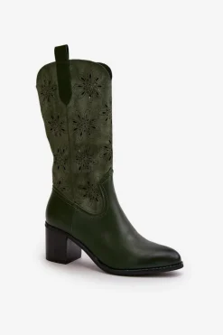 Damskie Ażurowe Kozaki Do Połowy Łydki Z Eko Zamszu Zielone Nevilos