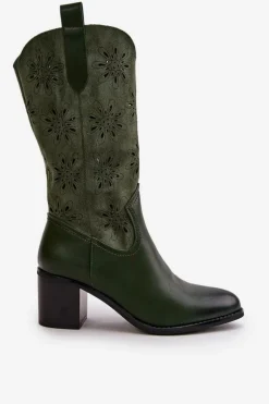 Damskie Ażurowe Kozaki Do Połowy Łydki Z Eko Zamszu Zielone Nevilos