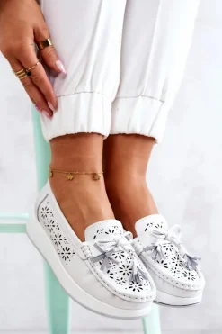 Damskie Ażurowe Mokasyny Na Platformie Białe Louise