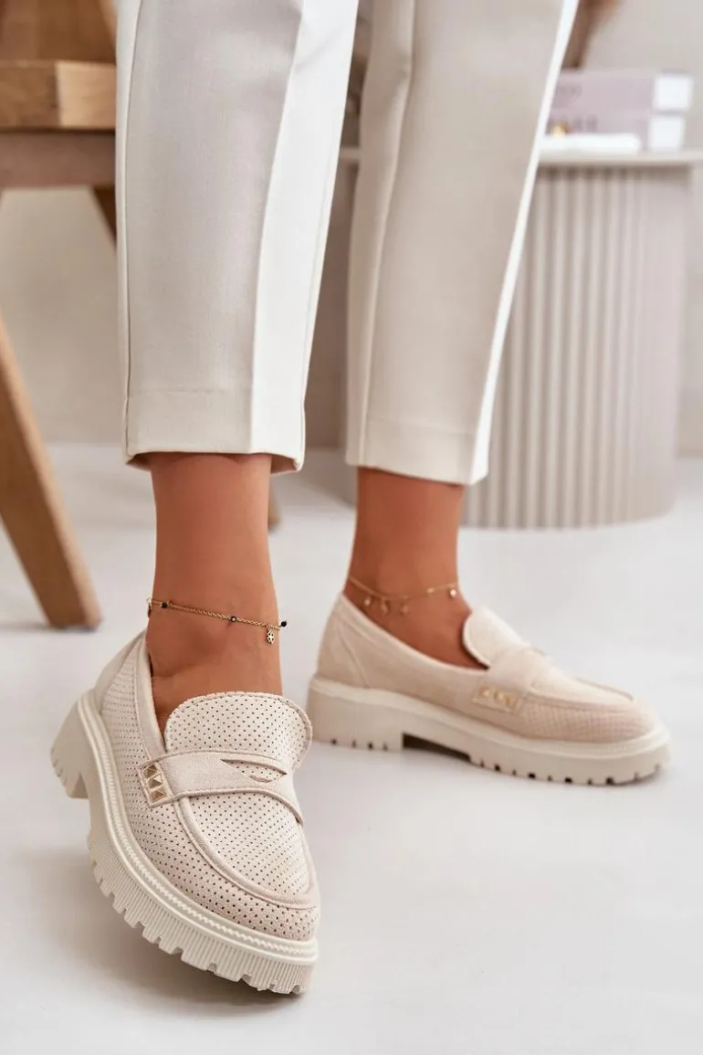 Damskie Ażurowe Półbuty Mokasyny Jasnobeżowe Tannes