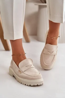 Damskie Ażurowe Półbuty Mokasyny Jasnobeżowe Tannes