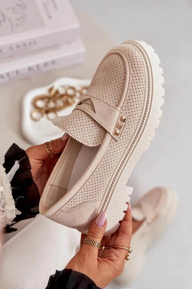 Damskie Ażurowe Półbuty Mokasyny Jasnobeżowe Tannes