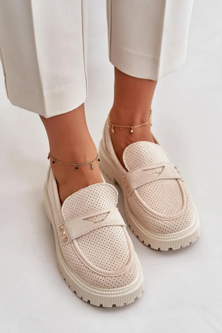 Damskie Ażurowe Półbuty Mokasyny Jasnobeżowe Tannes