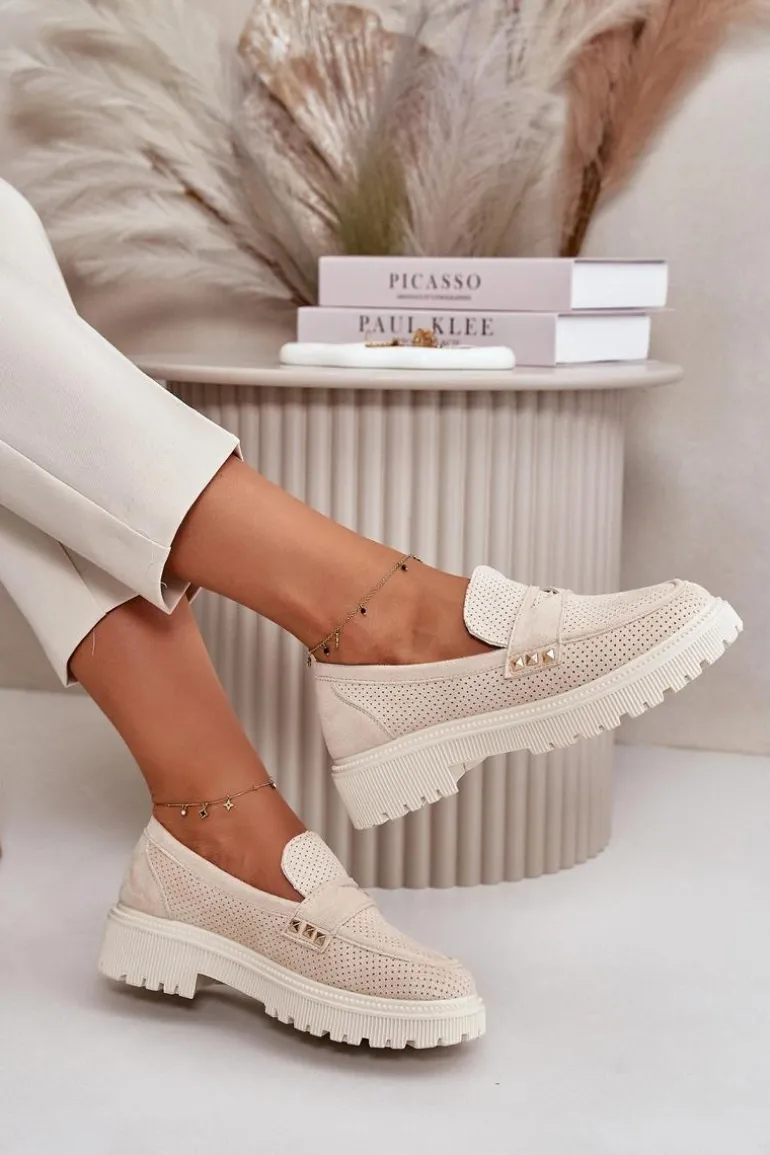 Damskie Ażurowe Półbuty Mokasyny Jasnobeżowe Tannes