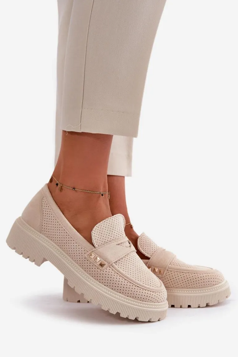 Damskie Ażurowe Półbuty Mokasyny Jasnobeżowe Tannes
