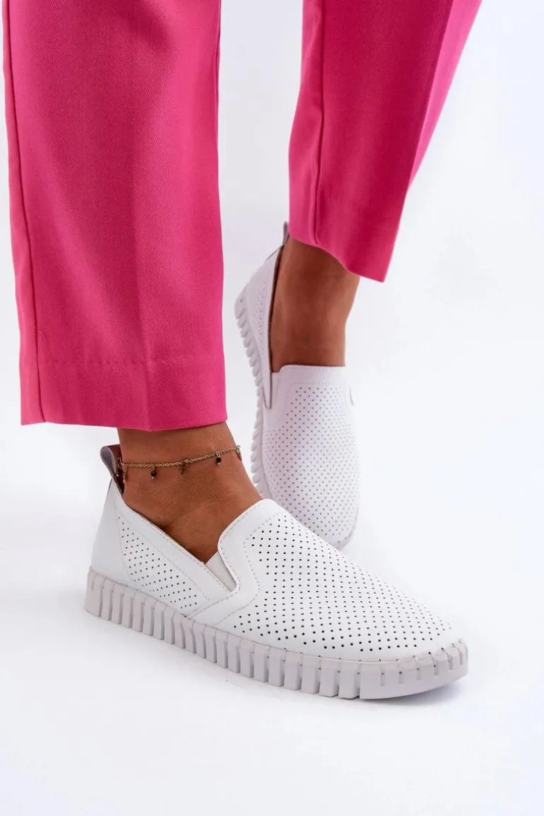 Damskie Ażurowe Półbuty Skórzane Wsuwane Białe Theophia