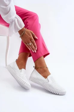 Damskie Ażurowe Półbuty Skórzane Wsuwane Białe Theophia