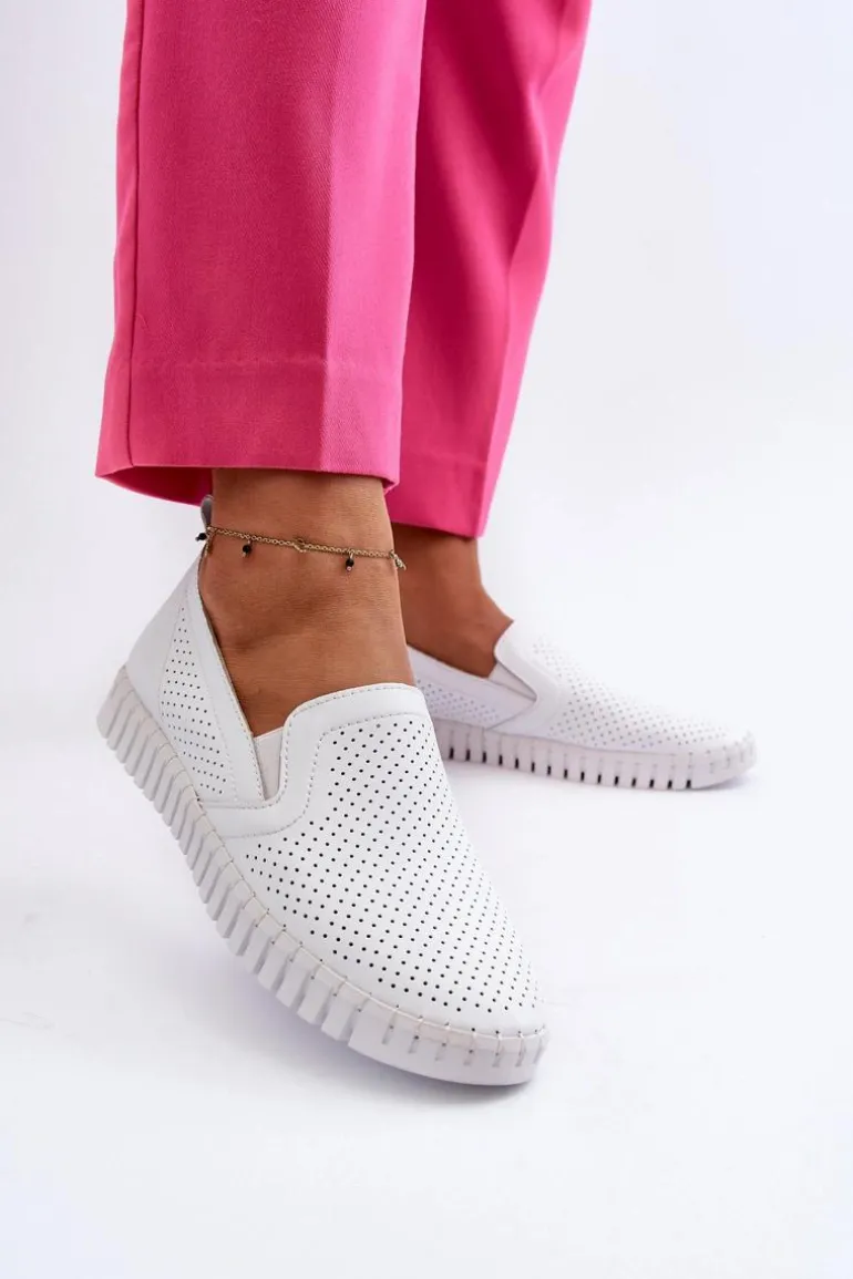 Damskie Ażurowe Półbuty Skórzane Wsuwane Białe Theophia