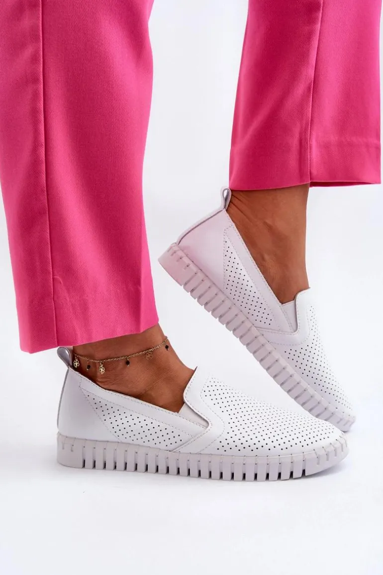 Damskie Ażurowe Półbuty Skórzane Wsuwane Białe Theophia