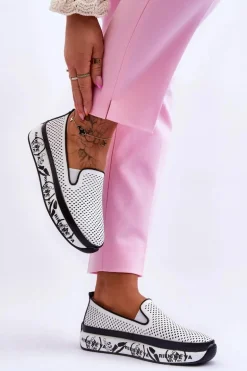 Damskie Ażurowe Skórzane Tenisówki Slip-On Białe Sorito