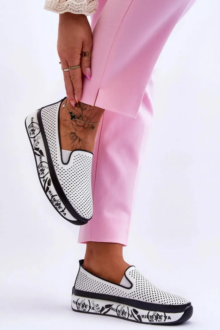 Damskie Ażurowe Skórzane Tenisówki Slip-On Białe Sorito