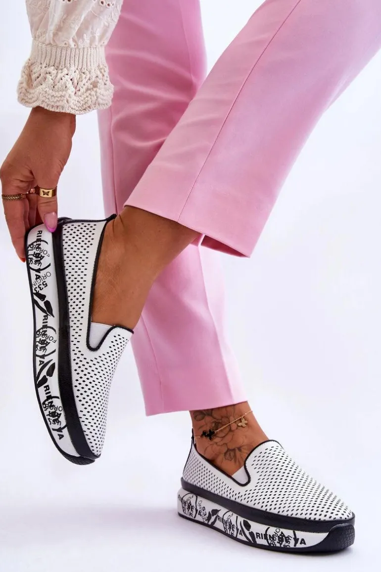 Damskie Ażurowe Skórzane Tenisówki Slip-On Białe Sorito