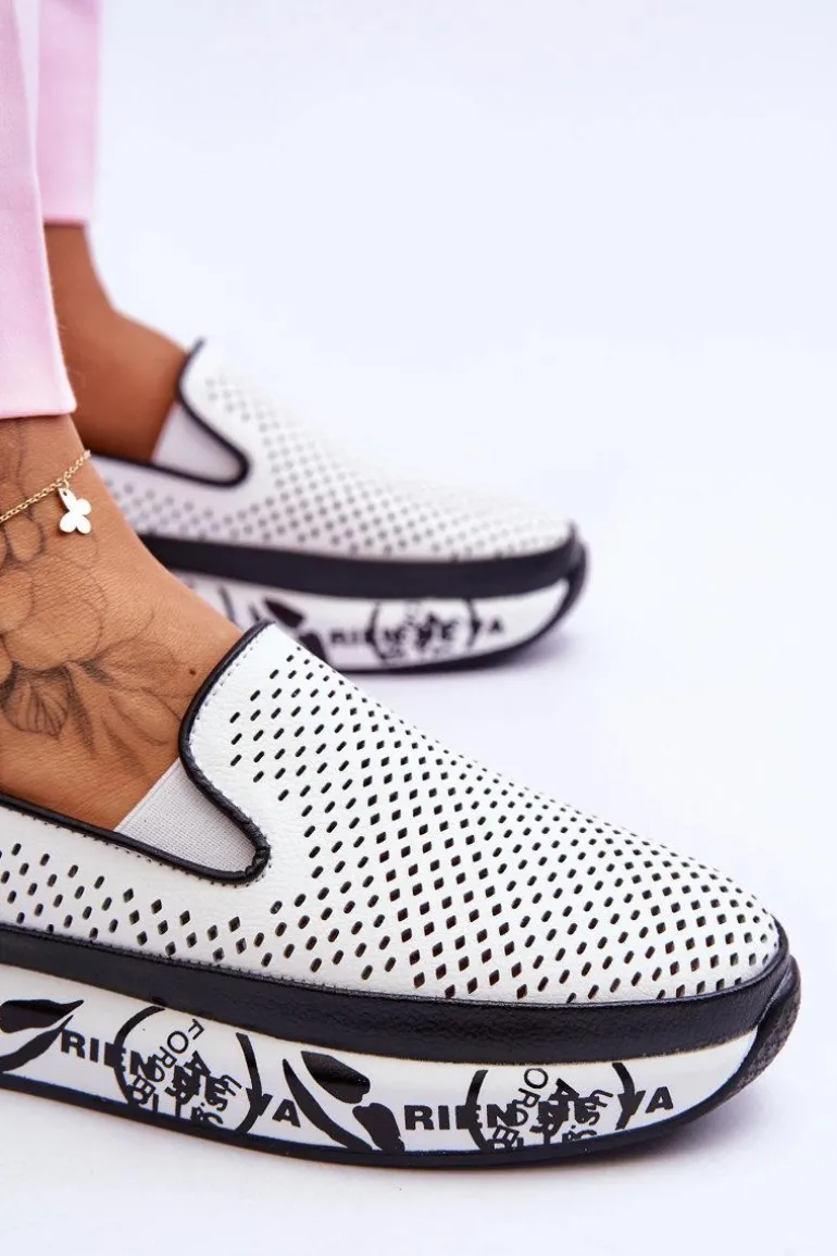 Damskie Ażurowe Skórzane Tenisówki Slip-On Białe Sorito