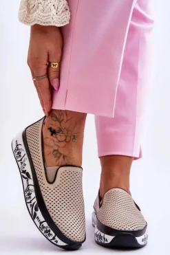Damskie Ażurowe Skórzane Tenisówki Slip-On Beżowe Sorito