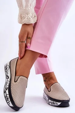 Damskie Ażurowe Skórzane Tenisówki Slip-On Beżowe Sorito