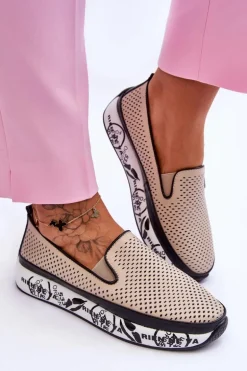 Damskie Ażurowe Skórzane Tenisówki Slip-On Beżowe Sorito