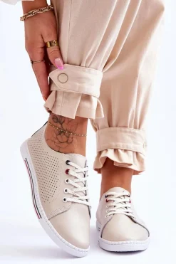 Damskie Ażurowe Skórzane Trampki Beżowe S.Barski LR952