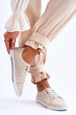 Damskie Ażurowe Skórzane Trampki Beżowe S.Barski LR952