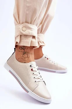 Damskie Ażurowe Skórzane Trampki Beżowe S.Barski LR952