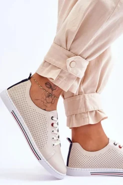 Damskie Ażurowe Skórzane Trampki Beżowe S.Barski LR952