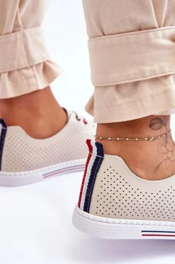 Damskie Ażurowe Skórzane Trampki Beżowe S.Barski LR952