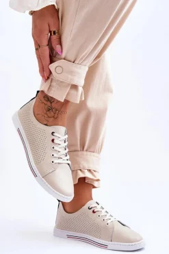 Damskie Ażurowe Skórzane Trampki Beżowe S.Barski LR952