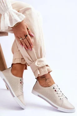 Damskie Ażurowe Skórzane Trampki Beżowe S.Barski LR952