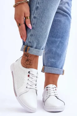 Damskie Ażurowe Skórzane Trampki Białe S.Barski LR952