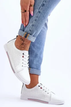 Damskie Ażurowe Skórzane Trampki Białe S.Barski LR952