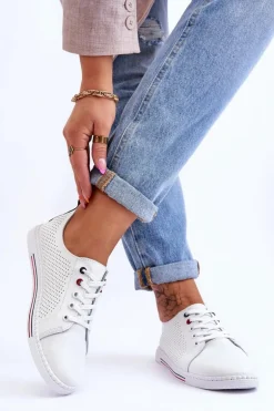 Damskie Ażurowe Skórzane Trampki Białe S.Barski LR952