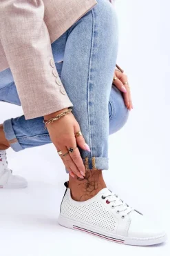 Damskie Ażurowe Skórzane Trampki Białe S.Barski LR952