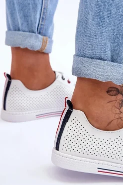 Damskie Ażurowe Skórzane Trampki Białe S.Barski LR952